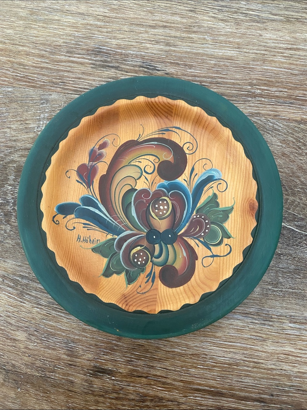 Norwegian Hand-Painted Tole' Wood Plate by Hildegard Haheim, Randaberg, Norway
